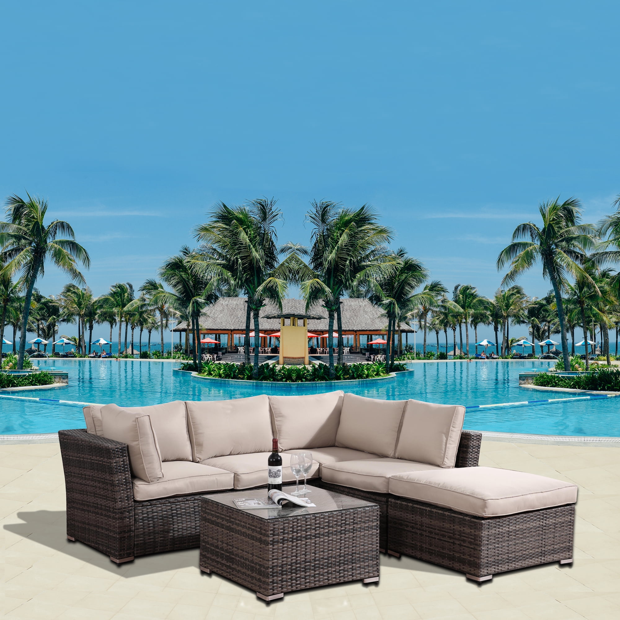 enyopro 4 Pieces PE Rattan Wicker Sofa Set, Outdoor Patio Sectional Furniture Set with Cushions and Tea Table, All-Weather Wicker Lawn Conversation Sets with Full Size Waterproof Cover, B151