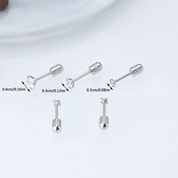 Screw Back Earrings for Sensitive Ears 1 Pair, Titanium Steel Thin Cylinder Studs with Diamond Encrusted, 2mm 3mm 4mm Sizes, Hypoallergenic Earrings for Women Girls, Daily Office Party Gift