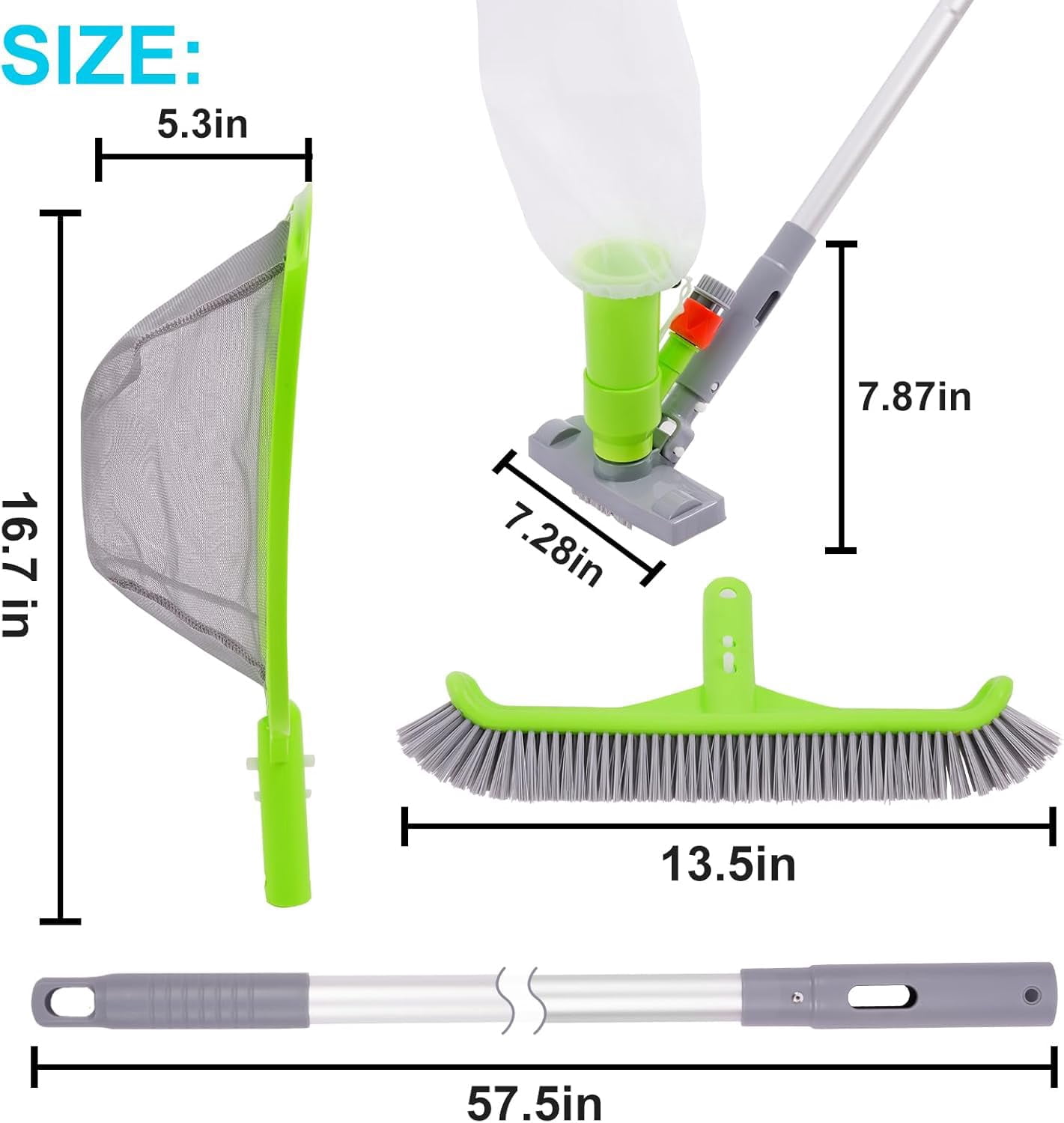 WaterJingle 4-Piece Pool & Spa Maintenance Kit: Jet Vacuum with 57.5" Pole, 13.5" Curved Brush & Semi-Deep Skimmer Net - Venturi Cleaning System for Hot Tubs & Above Ground Pools