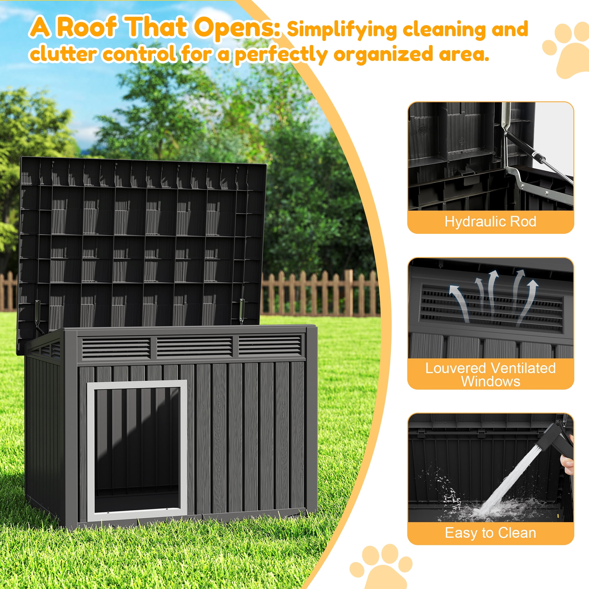 Nihsuao Waterproof Dog House for Medium to Large Dogs, Indoor Outdoor PP Kennel with Ventilated Design & Removable Roof, Easy to Clean, Black, 42.2"L x 30"W x 31"H