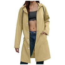 YDFCWXW Raincoats For Women Waterproof Button Down Long Hooded Trench Coats With Pockets Fashion Hiking Travel Windbreaker Khaki, L