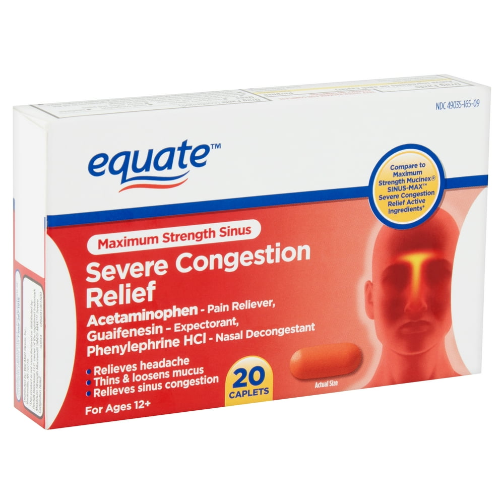 Equate Max Strength Sinus Severe Congestion Relief Caplets, Ages 12