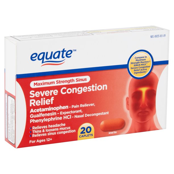 Equate Max Strength Sinus Severe Congestion Relief Caplets, Ages 12+, 20 Ct