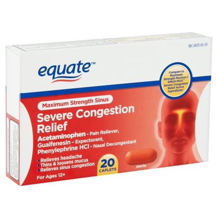 Equate Maximum Strength Sinus Severe Congestion Relief Caplets, For Ages 12+, 20