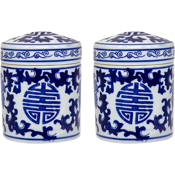 A&B Home Set of 2 Blue and White Porcelain Cylindrical Jar Chinoiseries Décor