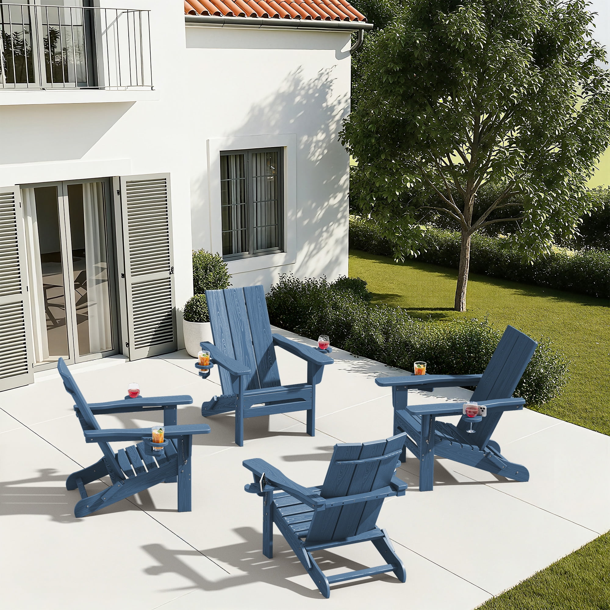 SERWALL Folding Adirondack Chair Set of 4 with Dual Cup Holders & Phone Holder, All-Weather HDPE Patio Chairs for Lawn, Garden, Deck, Outdoor Fire Pit Chair, Blue