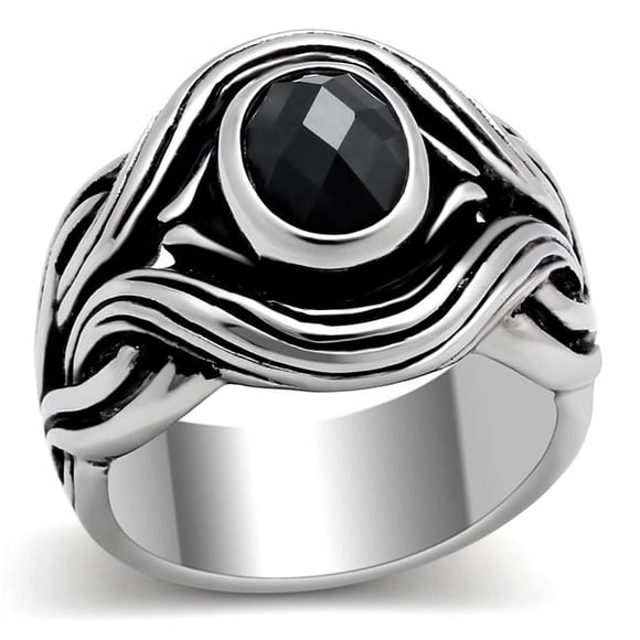Men High Polished Stainless Steel Ring with AAA Grade CZ in Jet - Size 10