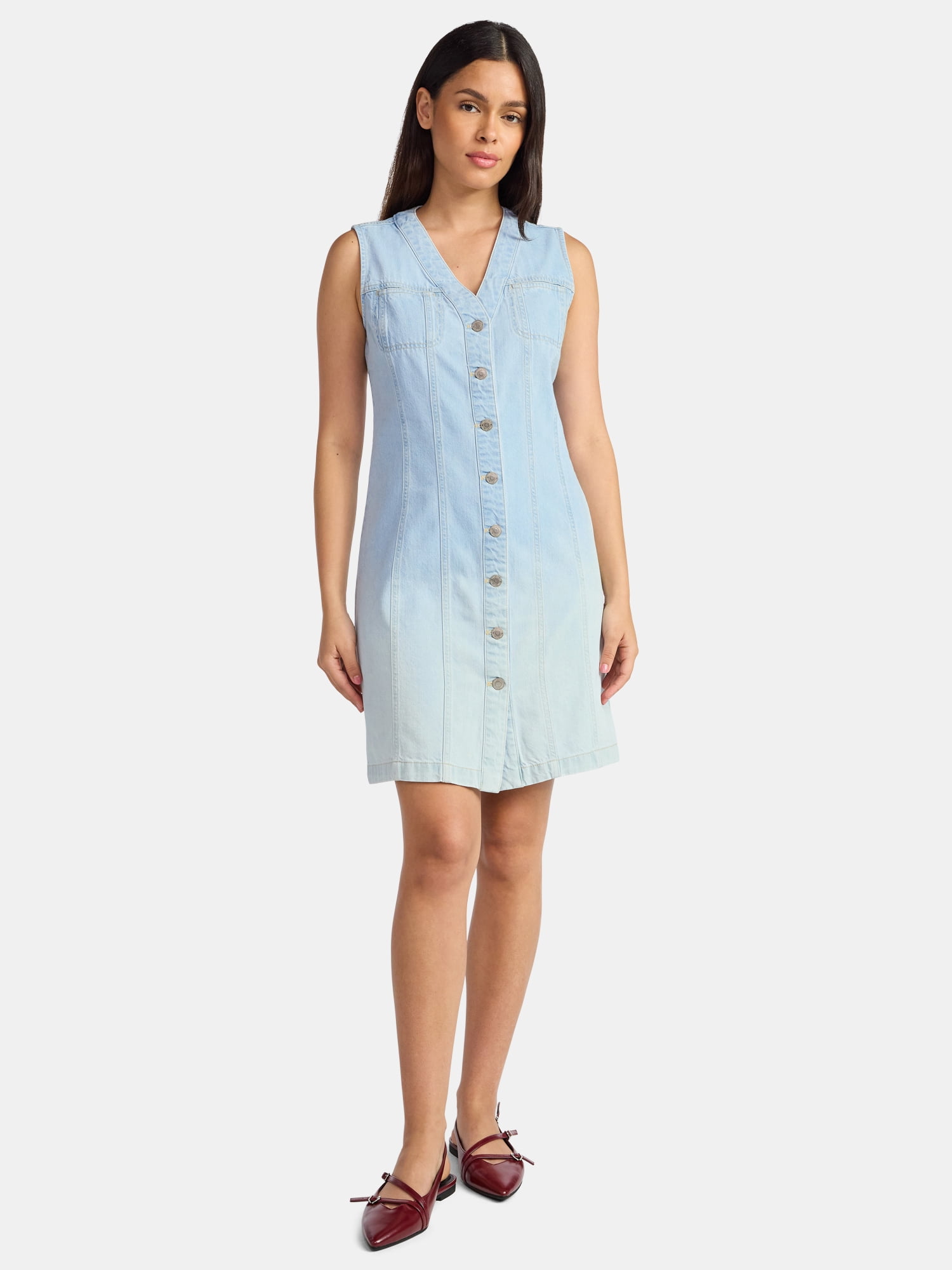 Time and Tru Women's Denim Button Front Mini Dress, Sizes XS-XXXL
