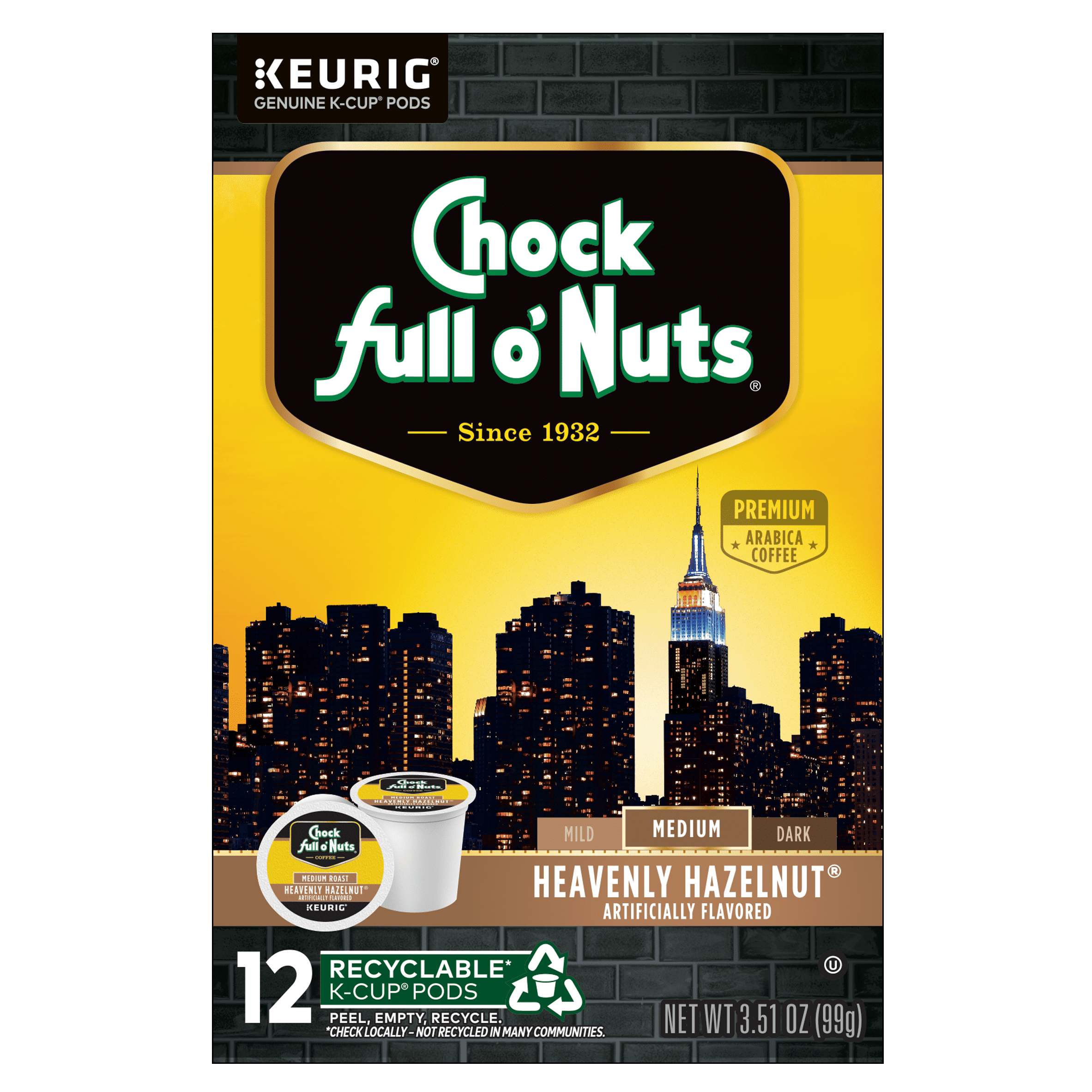 Chock full o’Nuts® Heavenly Hazelnut® Coffee, Single Serve Keurig® K-Cup® Pods, Medium Roast Coffee, 12-Count Box