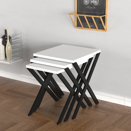 Kiraz 3 pcs nesting table, metal legs with wood top, White