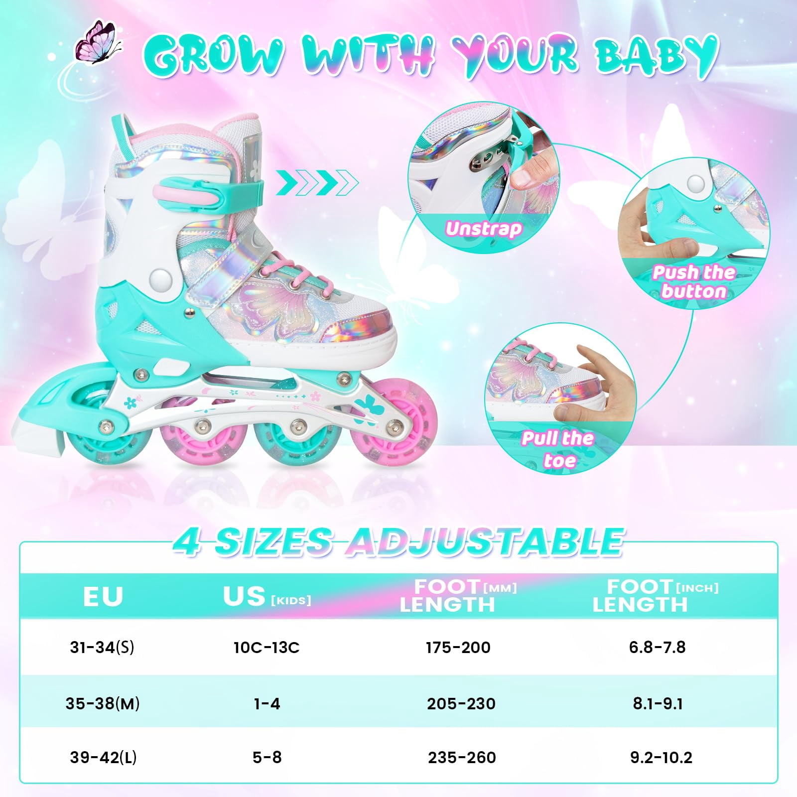 MammyGol Adjustable Inline Skates for Kids - Butterfly Design Youth Roller Skates with Safety Brake, Breathable Liner(Teal,Sizes 10j-13j Adjustable)