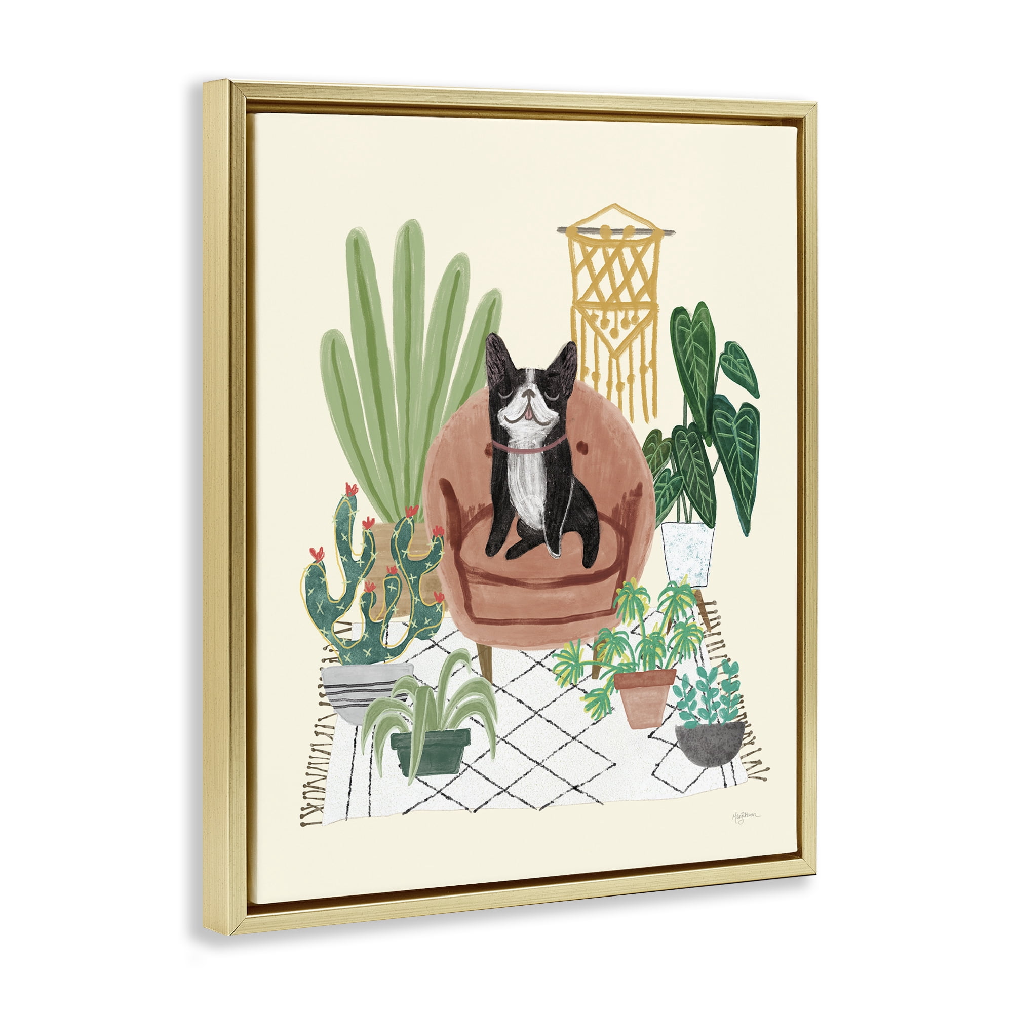 Stupell Industries Dog on Sofa with Plants Animals & Insects Painting Gold Floater Framed Canvas Art Print Wall Art, 25 x 31