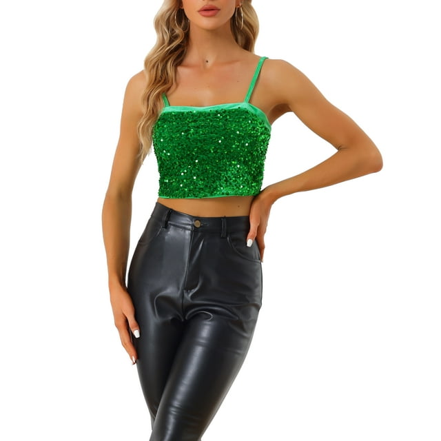 INSPIRE CHIC Haut Court à Paillettes en Velours à Bretelles Spaghetti pour Femmes Vert TP