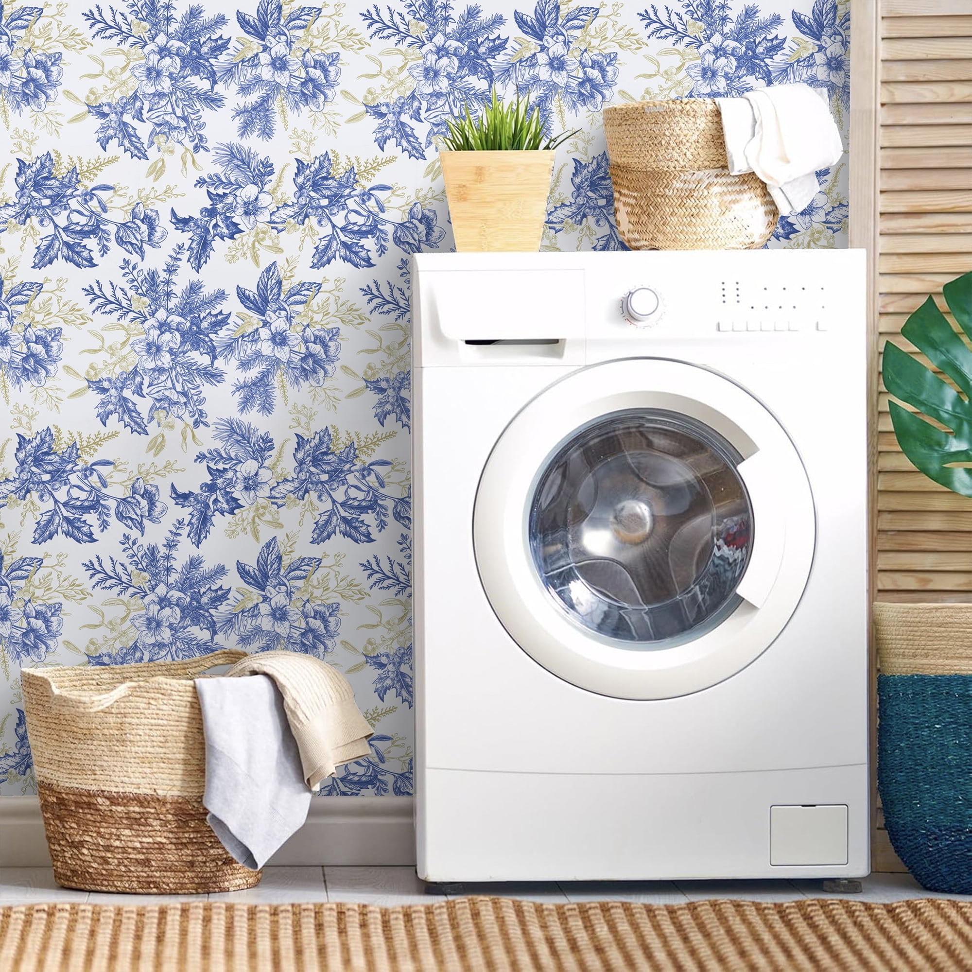 Abyssaly Blue Floral Wallpaper Peel and Stick Wallpaper 17.3" × 393.7" Self Adhesive Removable Wallpaper Vintage Flower Vinyl Wall Paper for Home Decor
