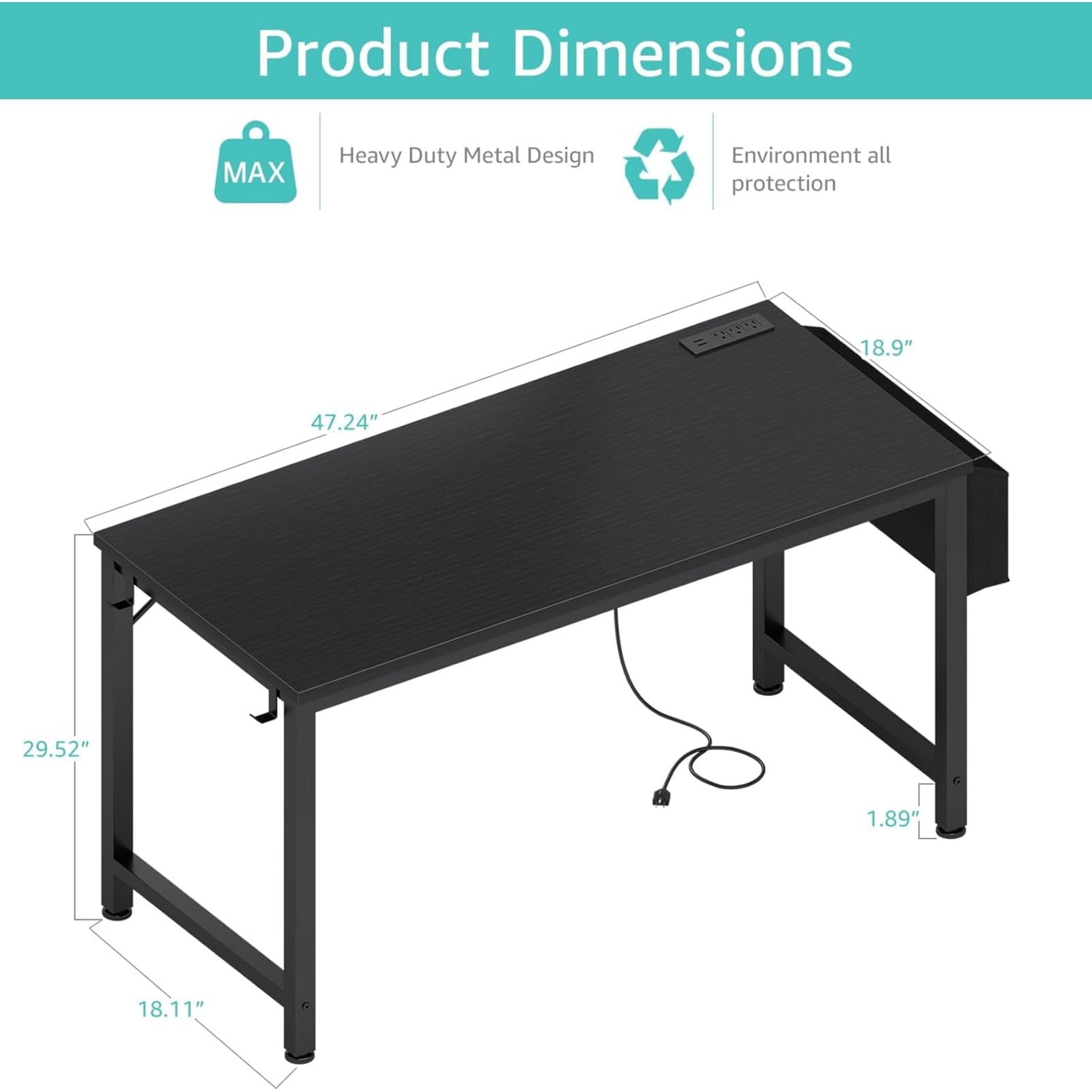 JEZWX Gaming Desk with Power Outlet and Charging Station, 47 Inch Teen Study Table, Home Office Writing Computer Desk, Black