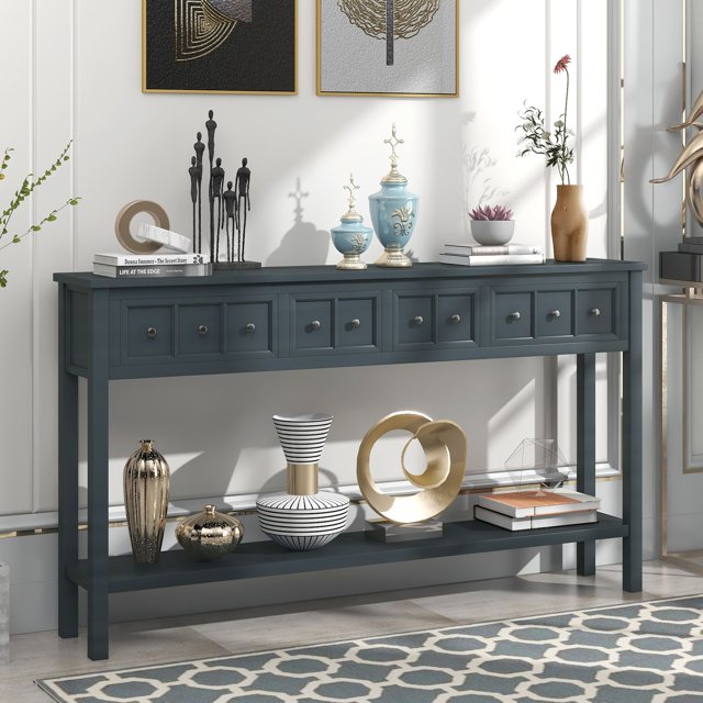 Rustic Navy Console Table - 60” Entryway Sofa Table with Drawers & Shelf for Living Room, Bedroom & Hallway Storage – Solid Wood & MDF Construction