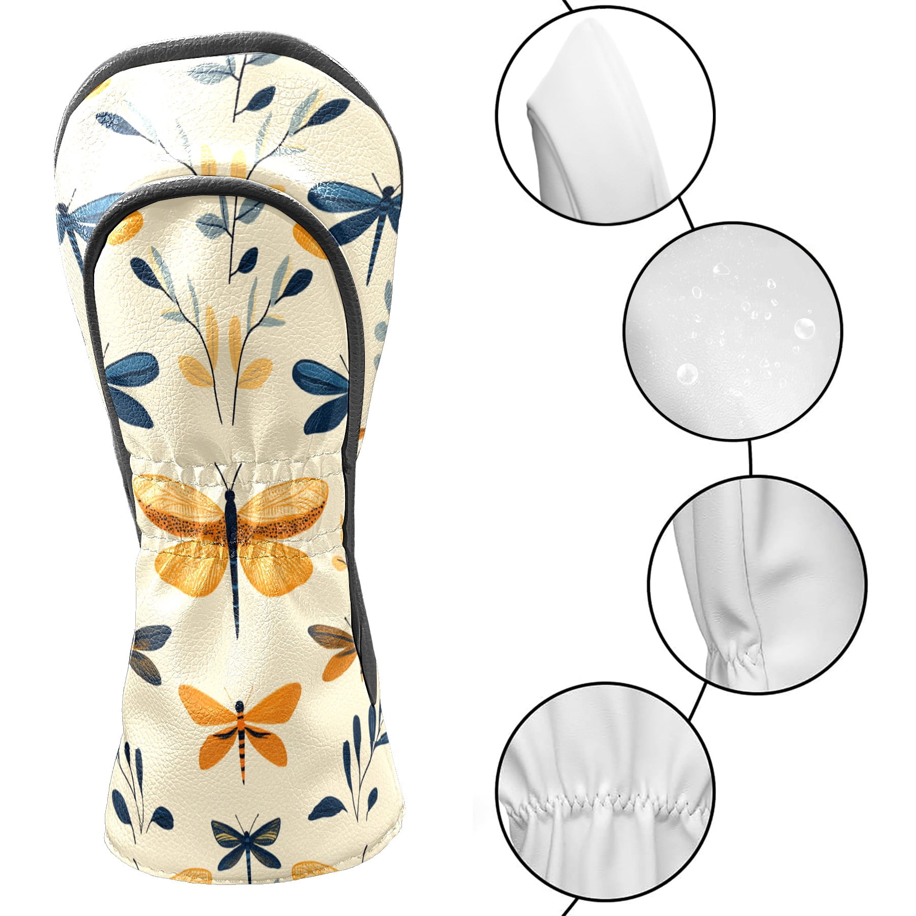 Golf Club Covers PU Leather Waterproof Head Covers for Fairway Woods Hybrids Leaf Dragonfly