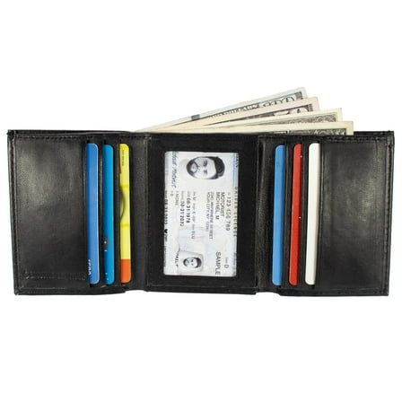 Men Trifold Wallet, Lambskin Leather Wallet Black
