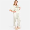 thumbnail image 3 of Lounge Women's Embroidered Collar Pajama Set with Ruffle Trim and Button-Up Top - Medium, Green, 3 of 7