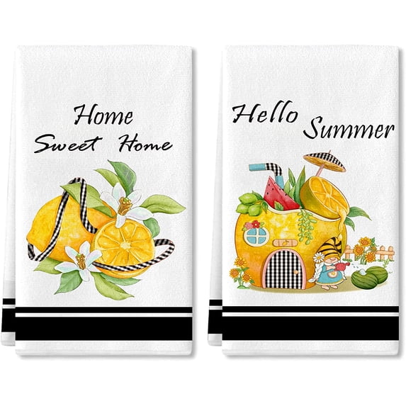 JOOCAR Kitchen Towels, Summer Fresh Yellow Lemon Cottage Gnome Home Sweet Home 16x27.5 Inches Kitchen Towels for Kitchen Decor Housewarming Gift Towels Set of 2
