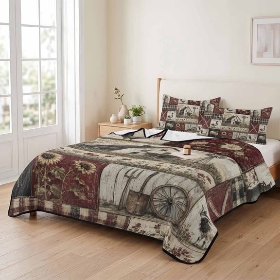 Retro Farmhouse Wooden 3 Pieces Quilt Set,1 Quilt with 2 Shams,Floral Lattice Splicing Art Bedspread Soft Lightweight Bedding Coverlet Comforter Set for All Season 90"x96"