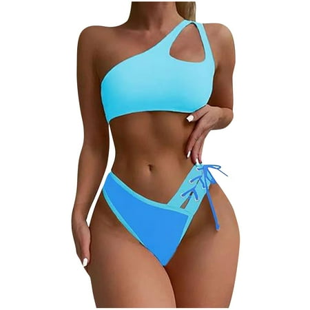 UTSJKR Deals Women s Bikini Sets Cheeky Cutout One Shoulder High Waisted Two Piece Swimsuit Lace Up High Cut Bathing Suit Sky Blue L