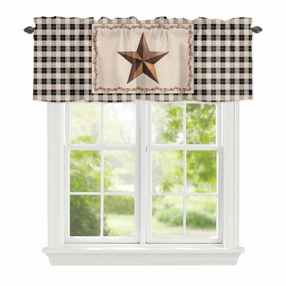 Curtain Valance for Windows, Vintage Western Brown Iron Star Kitchen Valances Rod Pocket Short Curtains, Country Buffalo Black and White Check Window Valance for Bedroom Bathroom Living room 42x12in
