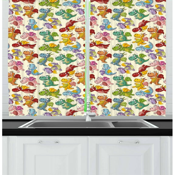 Ambesonne Dragon Kitchen Curtains, Silly Dragons Art, 55"x39", Multicolor