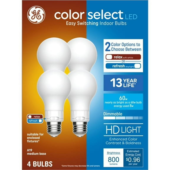 GE A19 LED Bulbs, 60W Equivalent, 2CCT Color Select Relax Soft White  Refresh Daylight, Enclosed Fixture Rated, 8W, 800 Lumens, Glass, Dimmable, UL Listed, E26 Medium Base 4 Pack