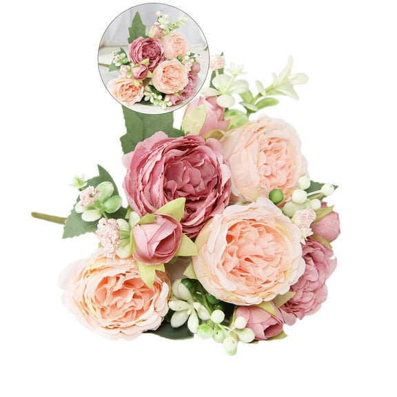 Dvruxg Peonies Artificial Flowers, Small Silk Flowers for Home Decor Indoor Fake Bouquet Faux Floral Arrangements Dining Table Centerpieces for Kitchen Bridal Wedding Party Decor