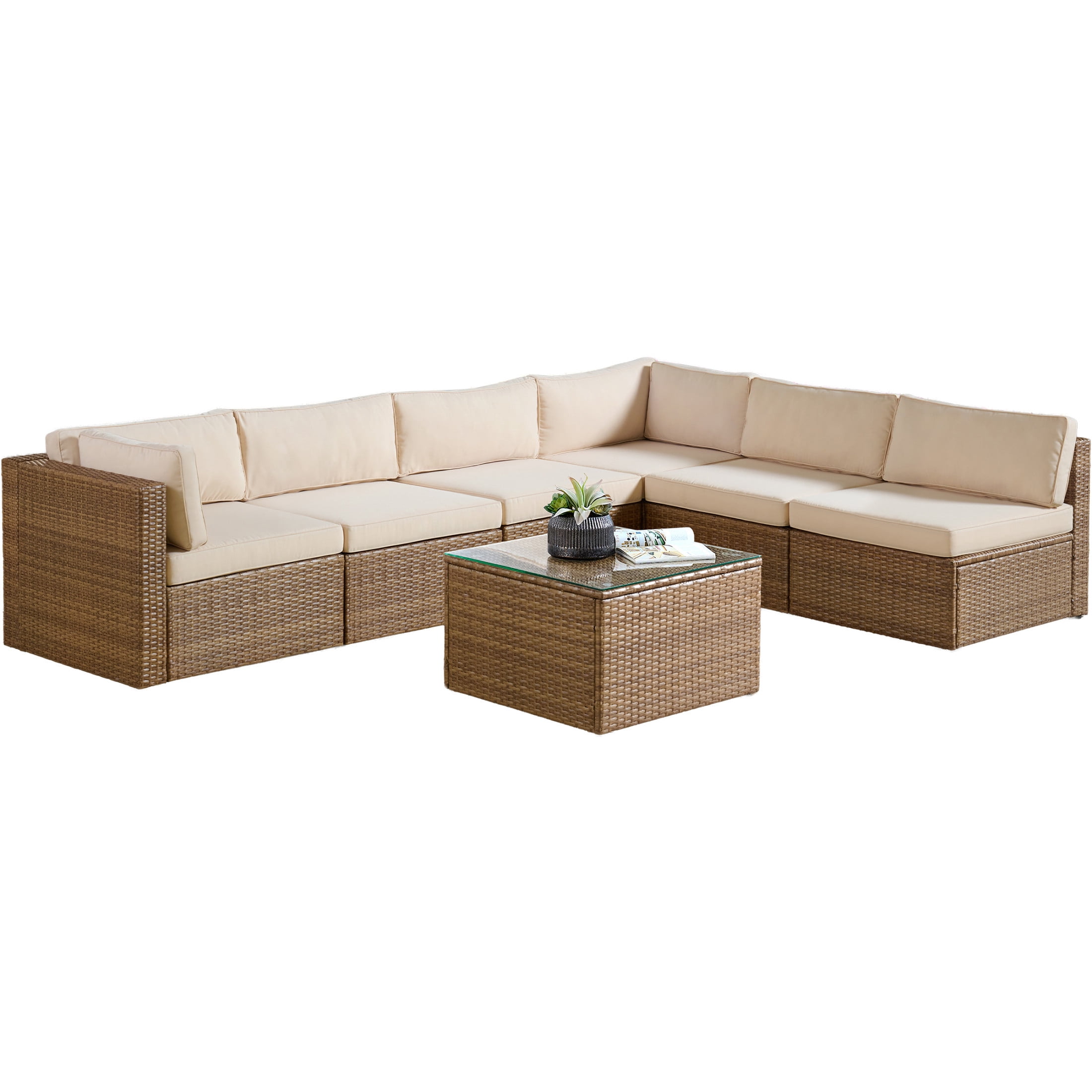 Alaterre Furniture Montara 7Pc Patio Furniture Set with Outdoor Couch and Table, Tan/Cream