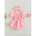 thumbnail image 4 of xiaxaixu Baby Girls Romper Dress Set Checkerboard Print Summer Ruched Short Sleeve Jumpsuits and Elastic Headband, 4 of 9