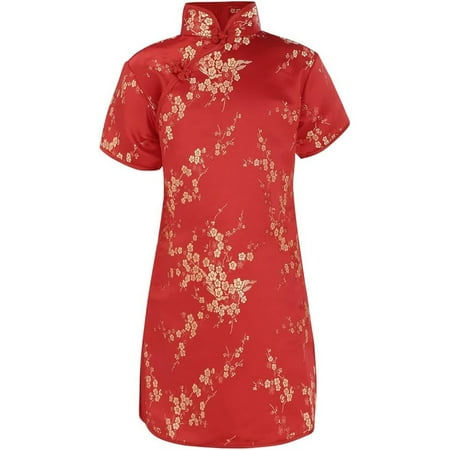 Lullu Girls Summer Short Sleeve Cheongsam Vintage Floral Embroidery Midi Dress