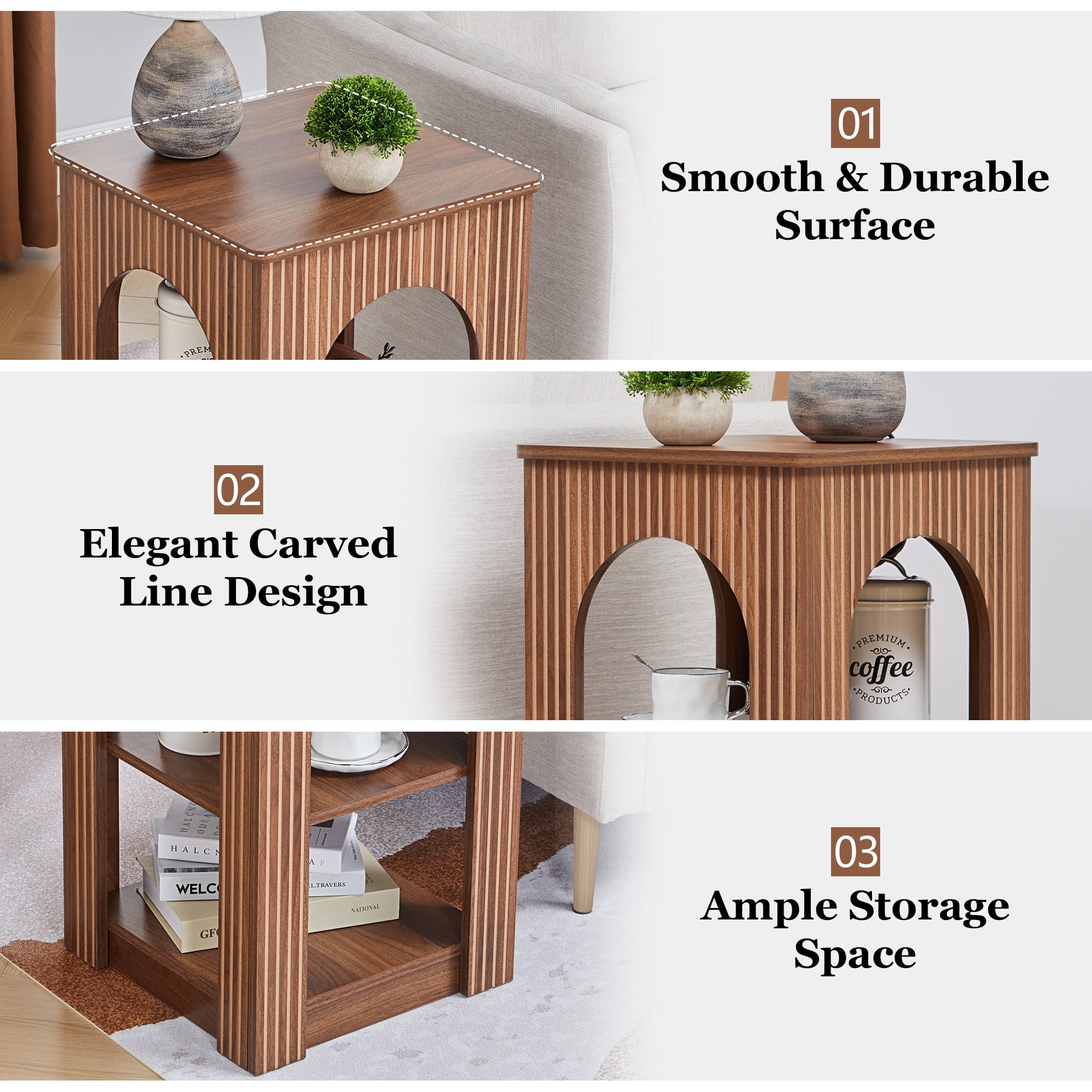 Wirrytor Arch End Table for Living Room with Open Storage Shelves, Side Table for Small Spaces, Chic Arched Design, Small Accent Tables,Couch Side Table, Nightstand for Badroom, Walnut