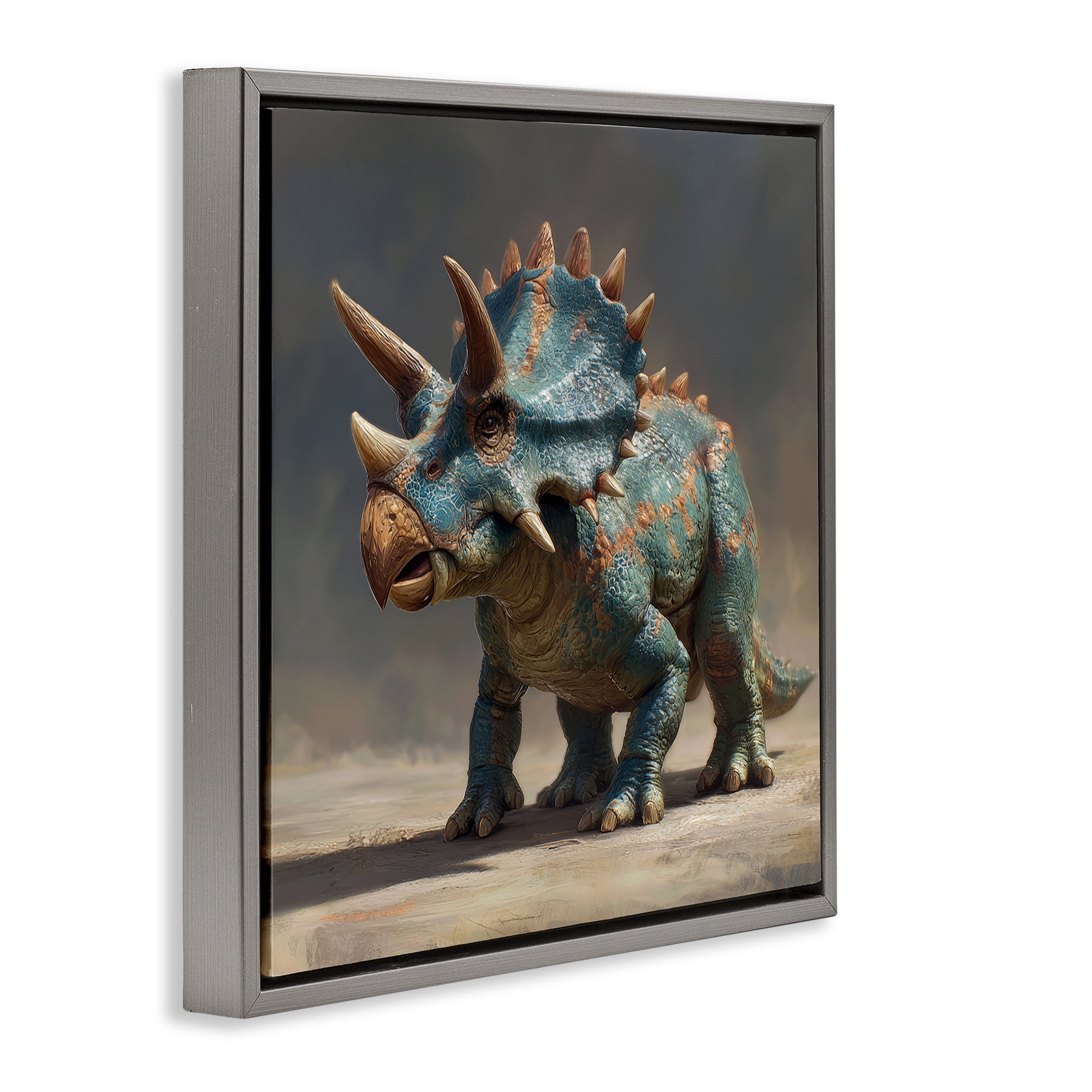 Stupell Industries Horned Triceratops at Sunrise Gray Framed Floater Canvas Wall Art, design by Wumples