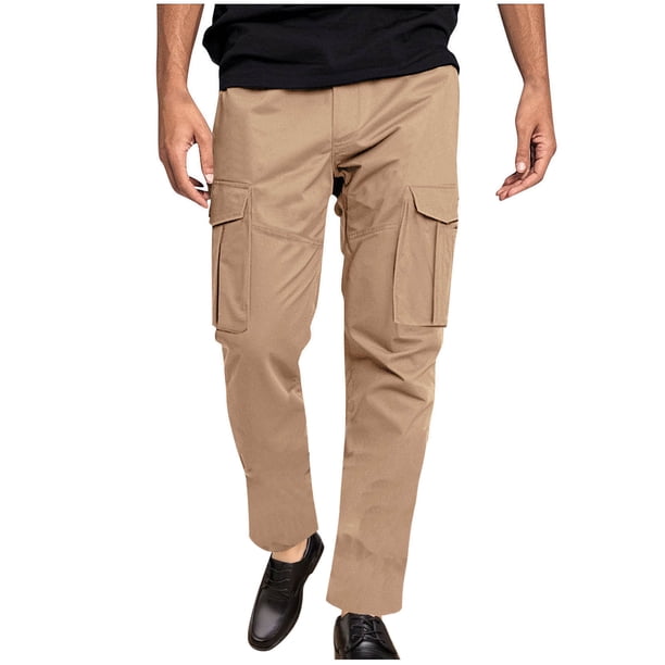 Pantalones largos de moda para hombre, casuales, de color sólido, con bolsillos cargo y cintura elástica, de poliéster.