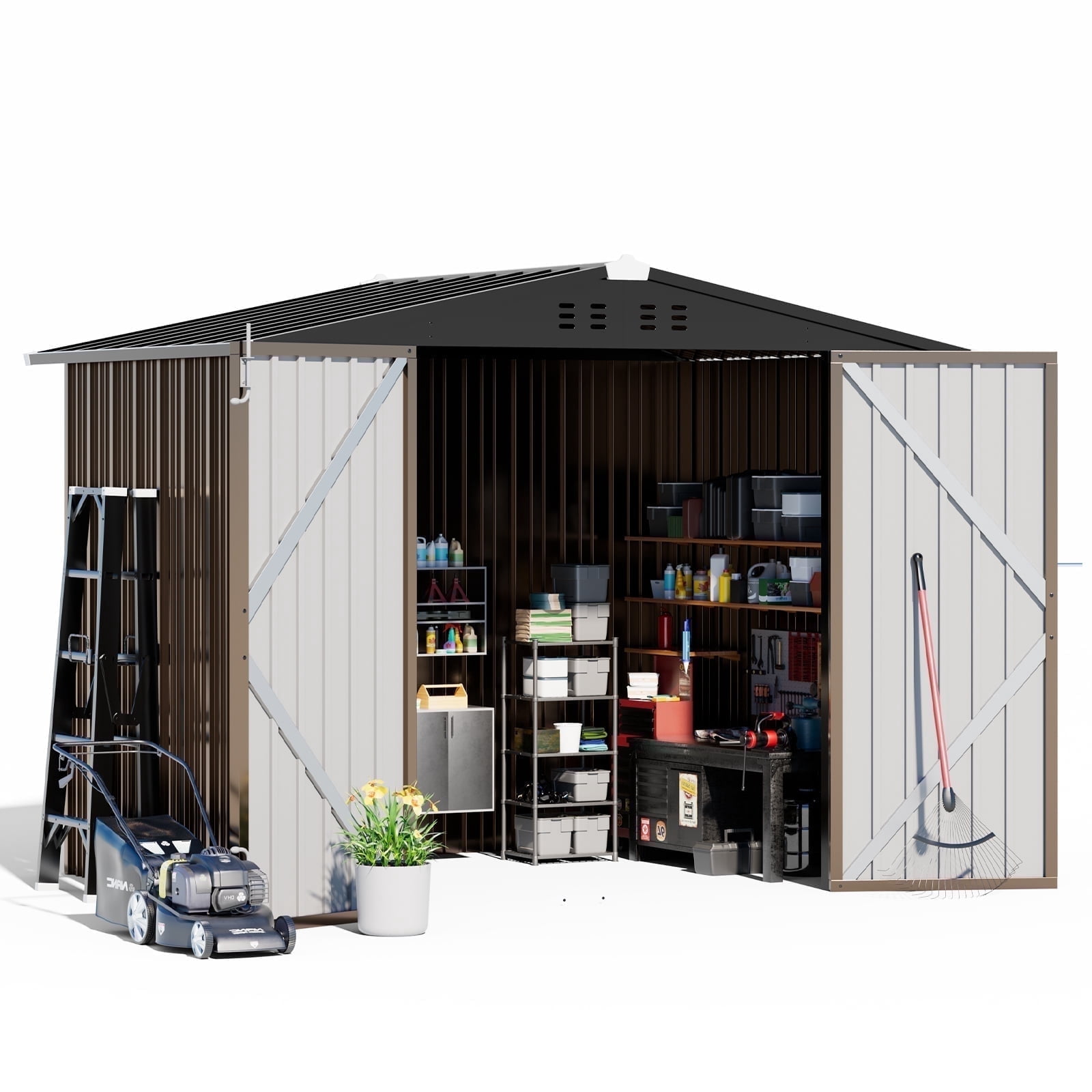 COMHOMA Outdoor Storage Shed 8 x 6 FT Shed with Lockable Door Steel Garden Shed with Air Vent,Brown
