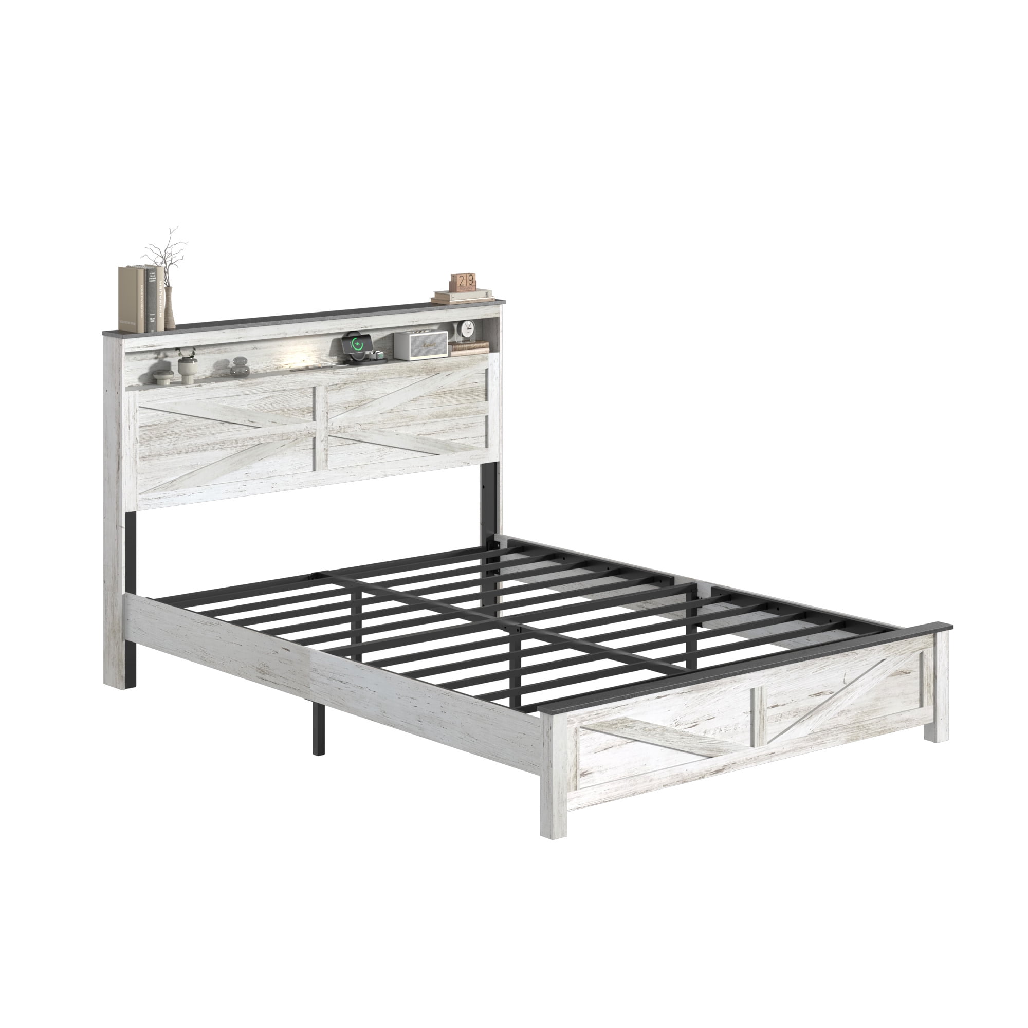 BSHTI Full Bed Frame with 2-Tier Storage Headboard, Metal & Wood Platform Bed Frame with Built in Charging Station & LED Lights for Bedroom, Antique White Gray, No Box Spring Needed