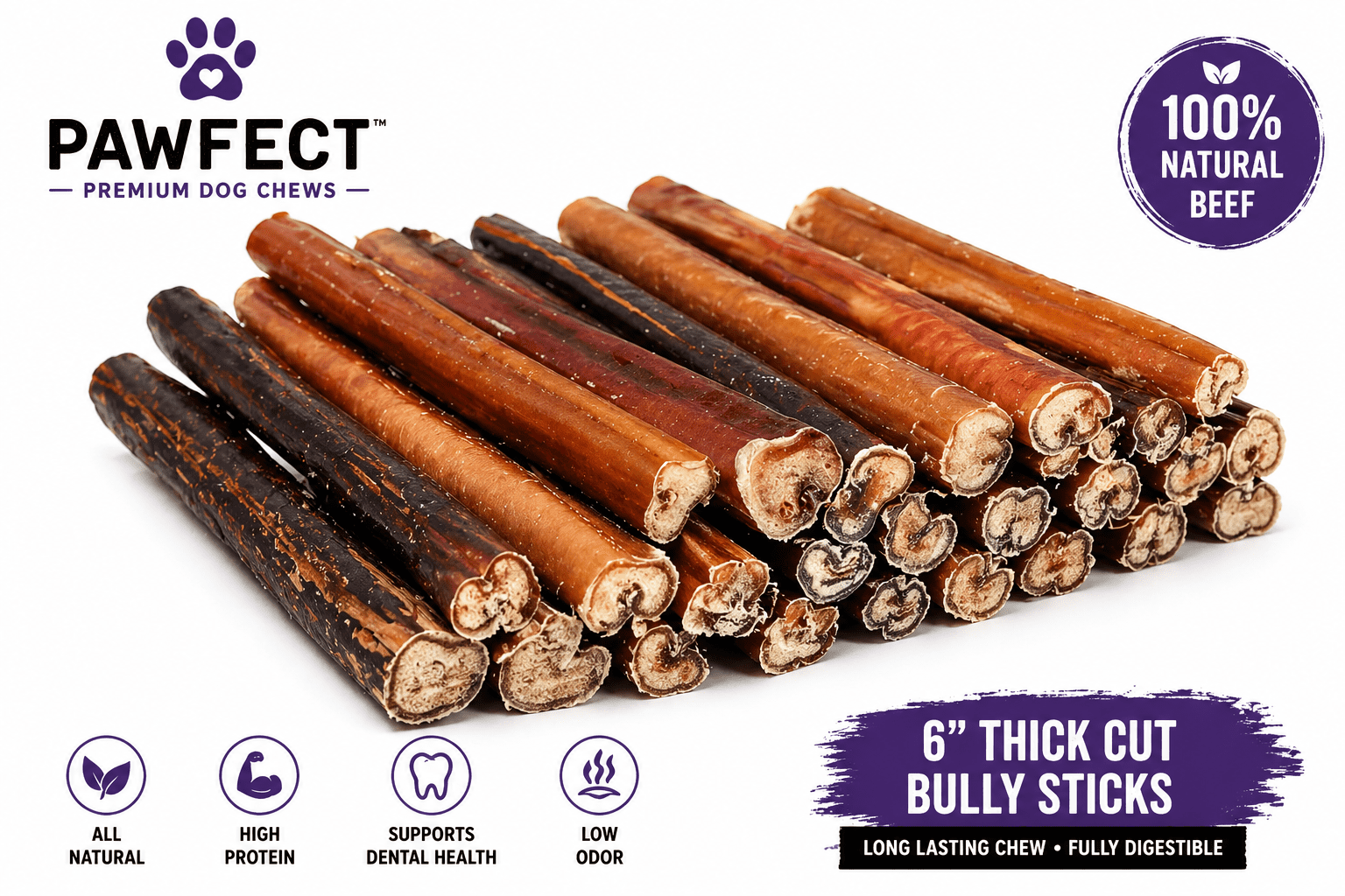 PAWFECT Bed Company and Pet Supply™ 6 Inch Bully Sticks for Dogs | Thick Cut | Single Ingredient Beef | Odor Reduced 6 pack jumbo cut low oder