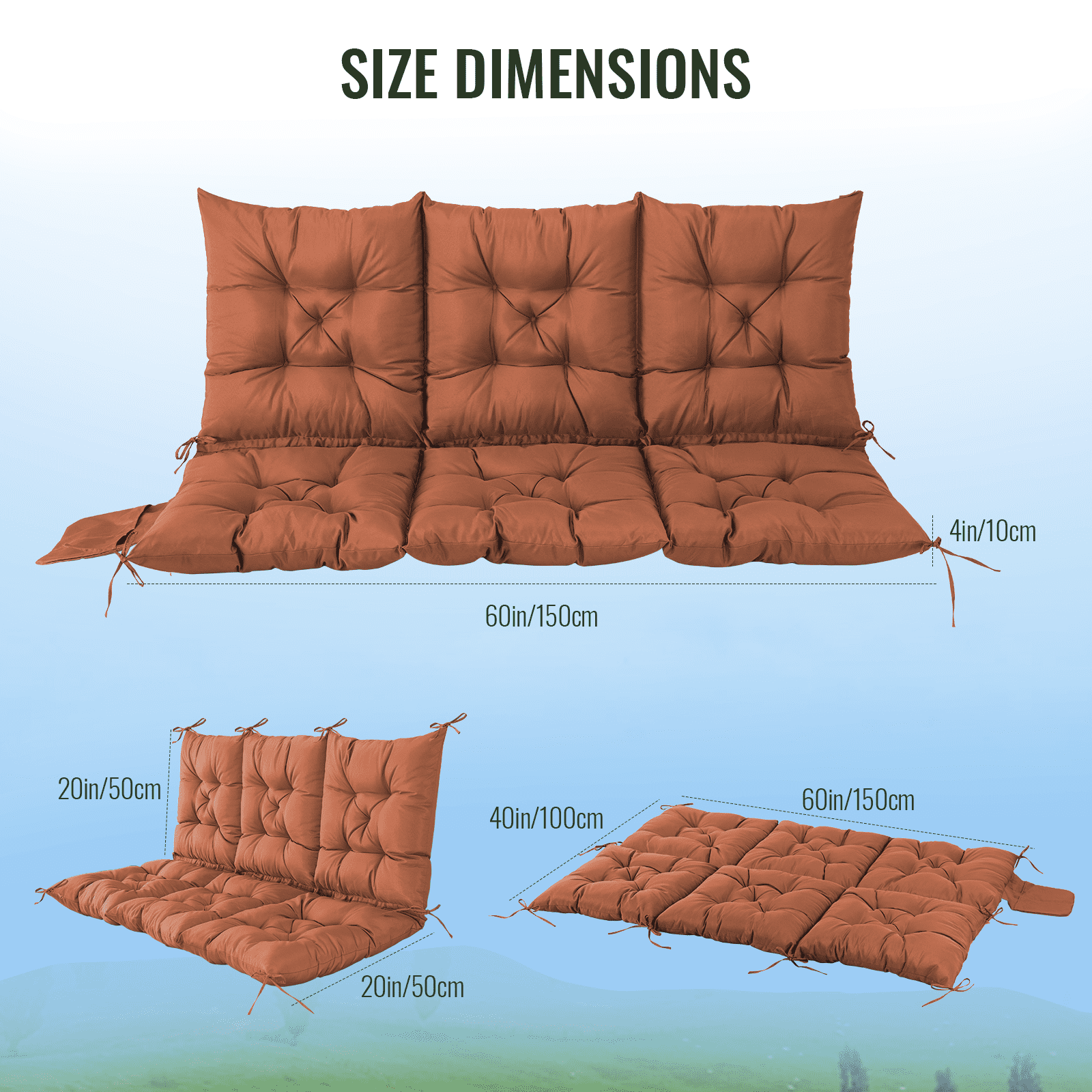 Outdoor Bench Cushion Inlife Swing Chair Cushion Waterproof Sun-Resistant with 8 Nonslip Ties, Deep Coffee 150cm*100cm