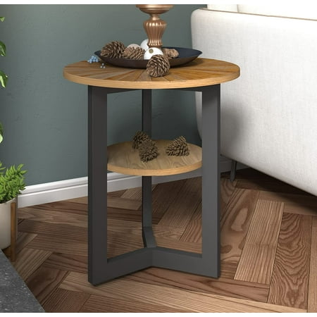 MODERION Round End Table with Storage - Solid Wood & Metal Frame - Corner & Beside Table - Easy Assembly - Living Room, Office & Entryway - Rustic Natural Finish