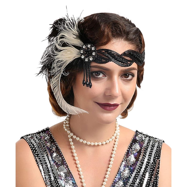 Bridal 1920s Flapper Feather Headband with Stretchy Lace 
