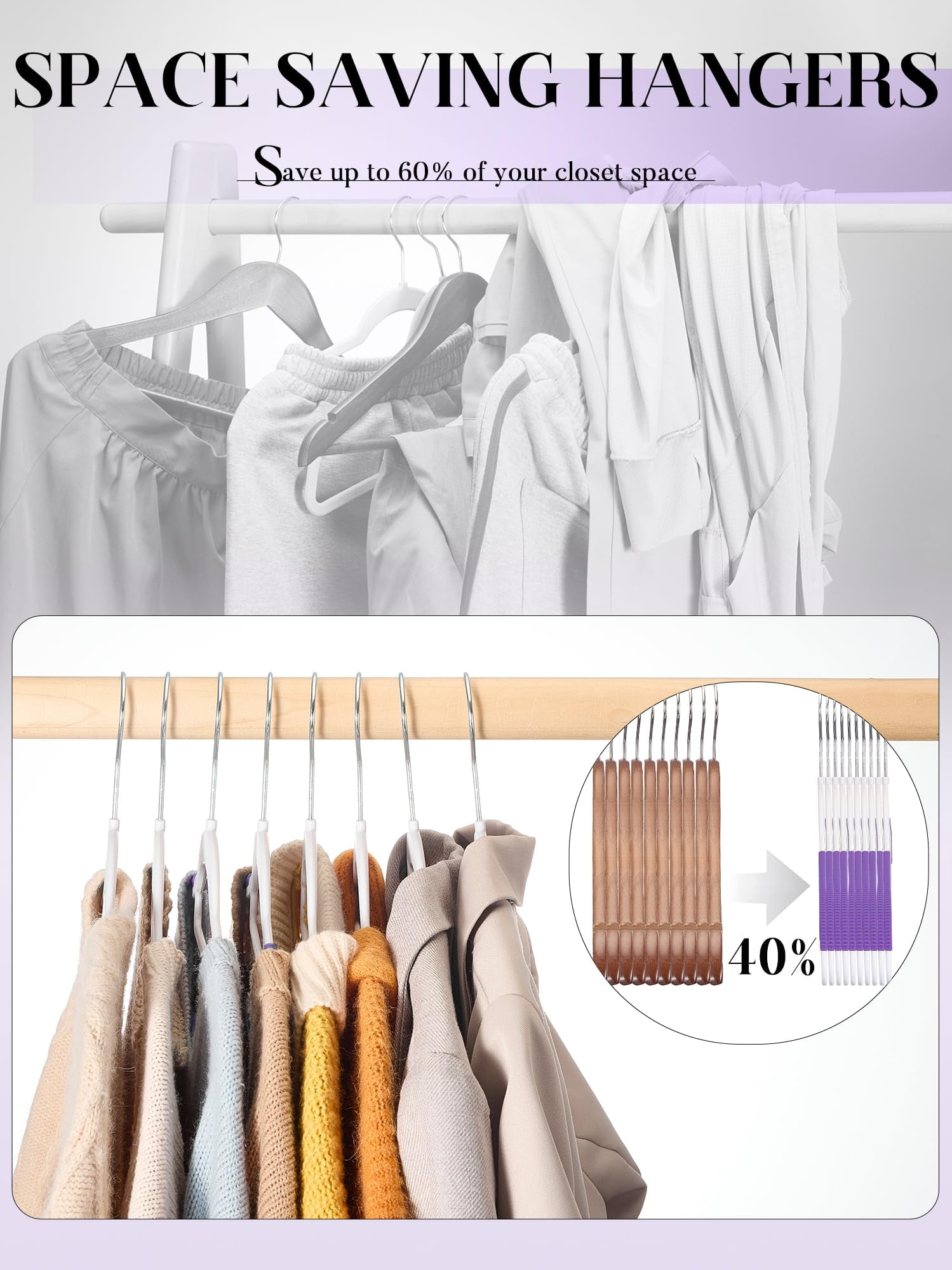 cozymood 50 Pack Coat Hangers Heavy-Duty 360° Swivel Hook Plastic Hangers with Non-Slip Design Space-Saving Light, Purple
