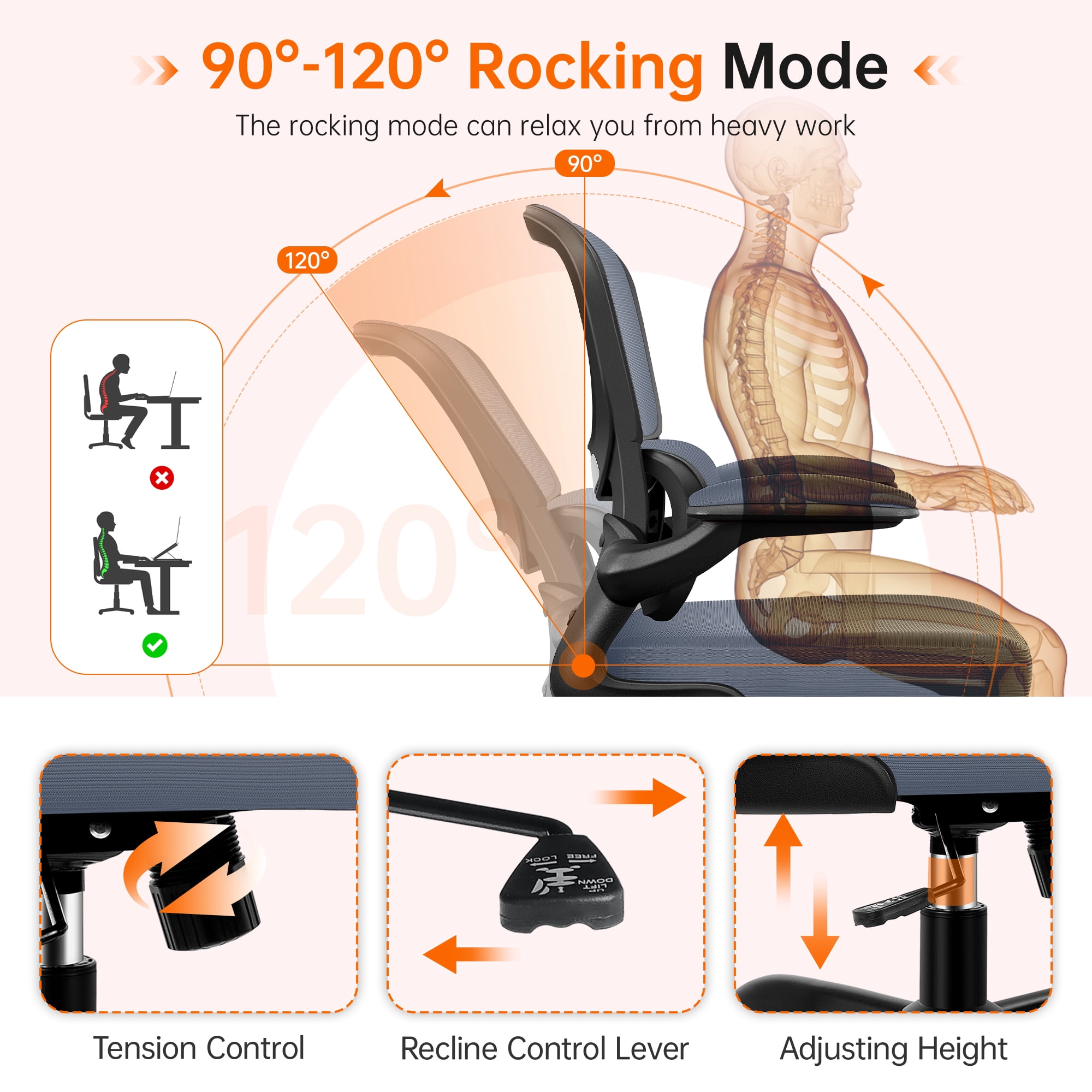 COOLHUT Office Chair, Ergonomic Desk Chair with Lumbar Support and Adjustable Armrests, Breathable Mesh Computer Gaming Chair, Reclining Task Chair for Home Office, Dark Gray