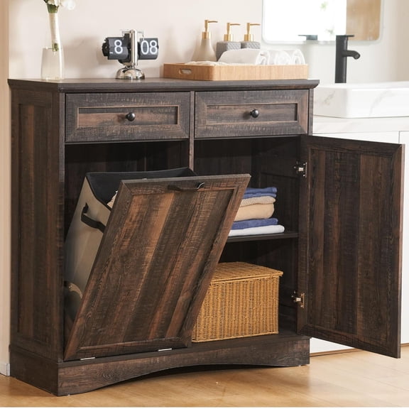 Tilt Out Trash Can Cabinet 13 Gallon, Wooden Freestanding Kitchen Cabinets Recycling Bin with Hideaway Drawers, Pet Proof Hidden Trash Can Cabinet for Kitchen Living Room