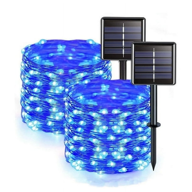 Luces solares para exteriores, 200 LED, 12 m/40 pies, impermeables, 8 patrones para jardín, patio, casa, Navidad, boda, fiesta (azul)