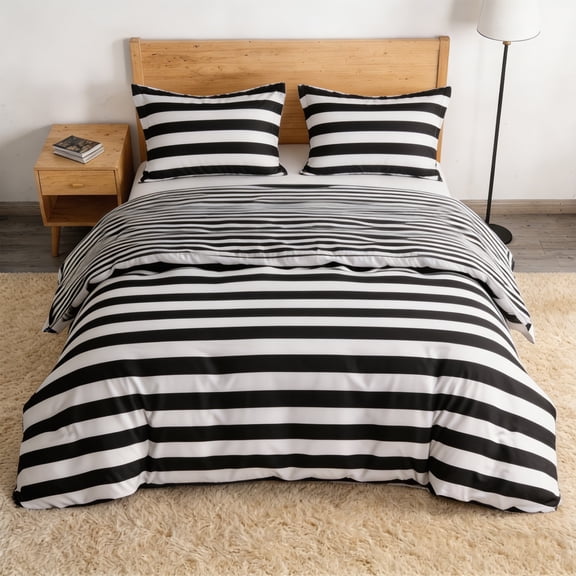 Lorviah 3-Piece Queen Printed Duvet Cover Set, Ultra Soft & Breathable Comforter Cover Set, Black and White Striped
