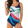 thumbnail image 1 of Women's Plus Size Color Block Print One-Piece Swimsuit with Back V Neck, Hollow Out Keyhole Backless Design, High Waisted Comfortable Bathing Suit for Beach, Swimming and Summer Activities Navy XXL, 1 of 6