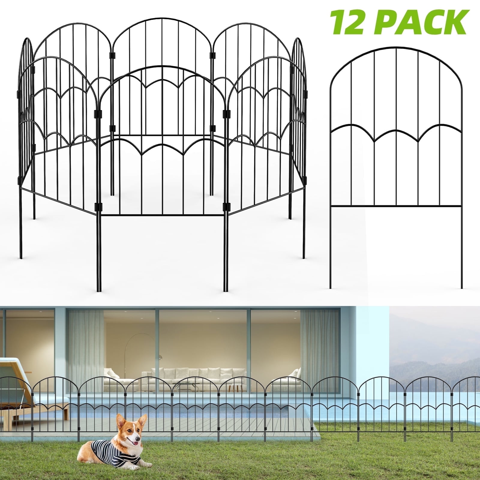 Garden Fence Metal Rustproof Decorative Fence, 12 Pack Black 13''L x 23"H , Arched