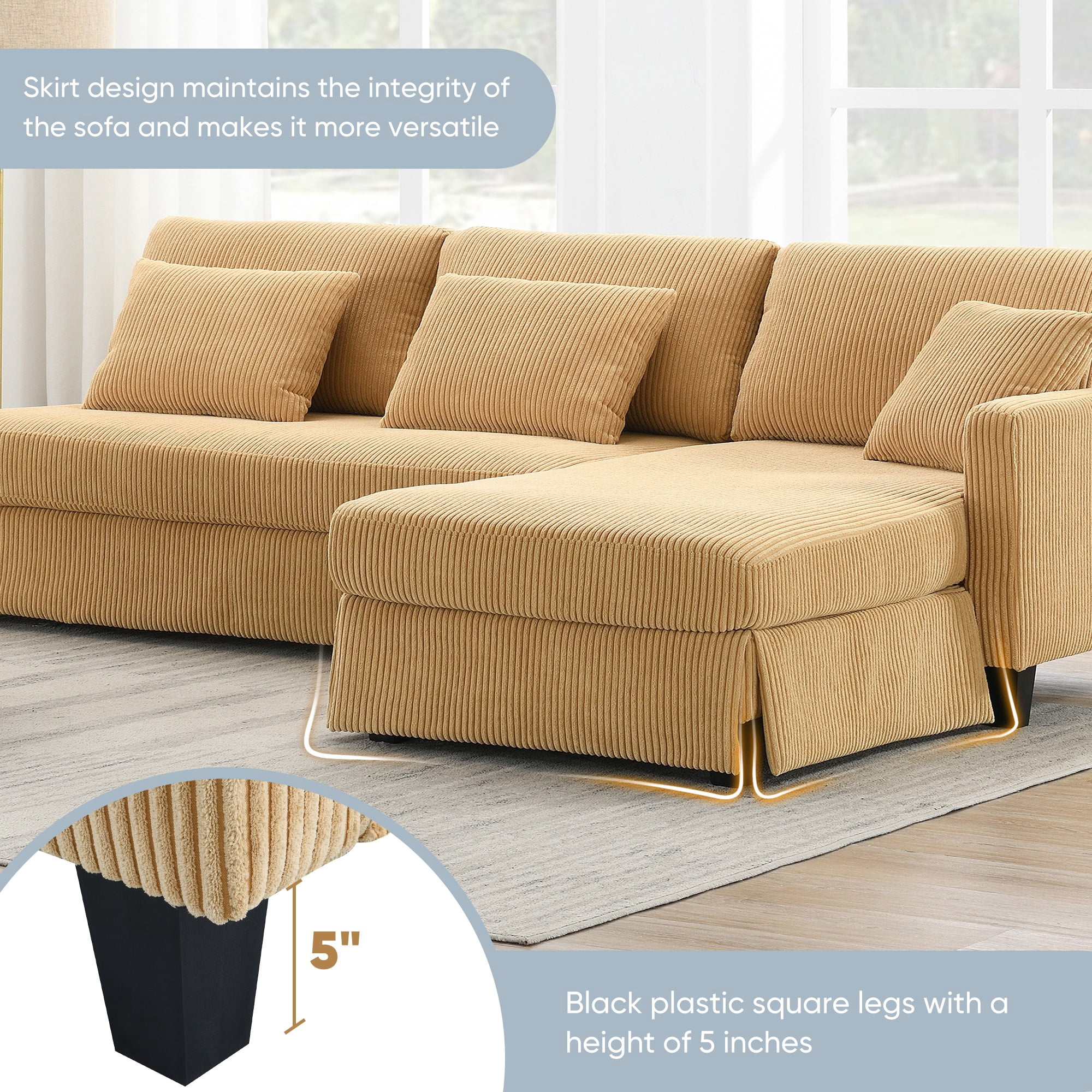 L-shaped Sectional Sofa with Reversible Chaise,4-seat Upholstered Sectional Corduroy Sofa,Convertible Sleeper Couch with Pillows for Living Room,Yellow